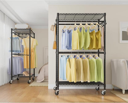 VIPEK R2 Pro Rolling Garment Rack 2-Sided Hanging Heavy Duty Clothes Racks with Wheels Adjustable Shelves Hanging Rods Metal Portable Closet Storage Freestanding Clothing Rack, Max load 600lbs, Black