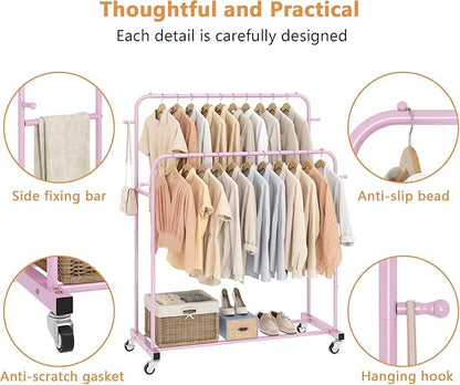 Laiensia Double Rods Garment Rack with Wheels, Clothing Rack for Hanging Clothes,4 Hooks, Multi-Functional Bedroom Clothes Rack, Pink