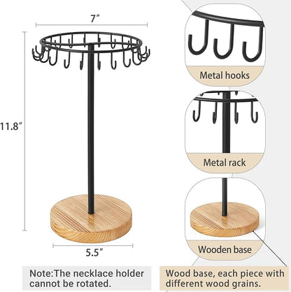 Mkono Necklace Holder Metal Jewelry Display Stand Necklace Organizer with 22 Hooks for Storage and Hanging Bracelet Keychain Home Room Decor for Women,Wood