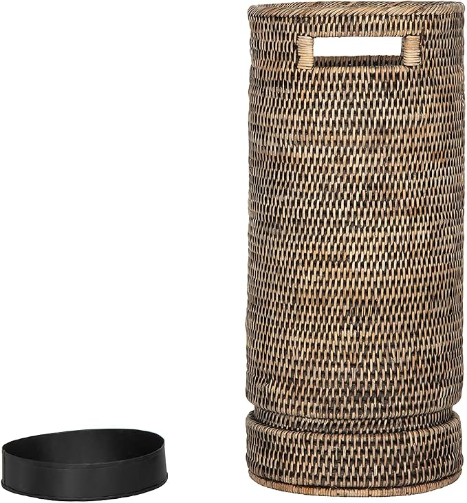 Kouboo La Jolla Round Rattan Umbrella Stand with Water Catch Black-Wash