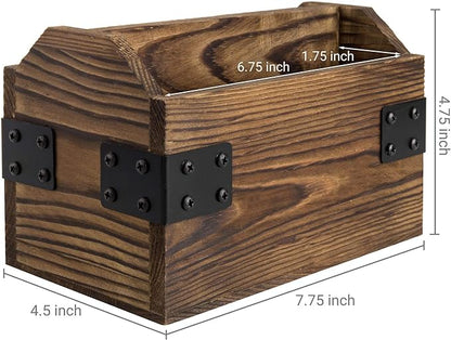 MyGift Wood TV Remote Control Holder, Remote Organizer Storage Caddy for Table with 2 Compartments and Decorative Black Metal Wrap Accents, Rustic Burnt