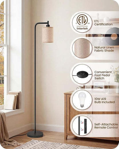 Dimmable Floor Lamp for Living Room with Remote and Foot Switch, Modern Standing, Corner Lamp,10W Bulb 3 Color Temperatures, for Bedroom, Office, Corner, ETL Listed, Black and Beige E19LD05