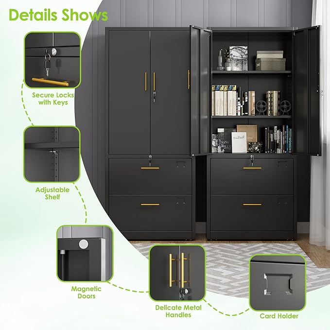 2 Drawer File Cabinet with Lock,Metal Filing Cabinet with Doors for Home Office School for Hanging Letter/Legal/F4/A4 Size Folders,Required Assembly,Black