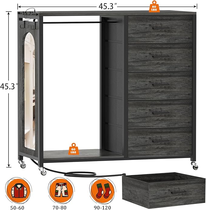 Cyclysio Dresser for Bedroom with Clothes Rack & Mirror, Grey 5 Drawers Dresser with Charging Station & LED Lights, Rolling Chest of Drawers with Wheels, Full Length Mirror, Wooden Top,Bedroom, Closet