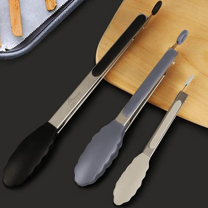 HOTEC Premium Stainless Steel Locking Kitchen Tongs with Silicon Tips, Set of 3-7", 9" and 12", Black, Grey, White