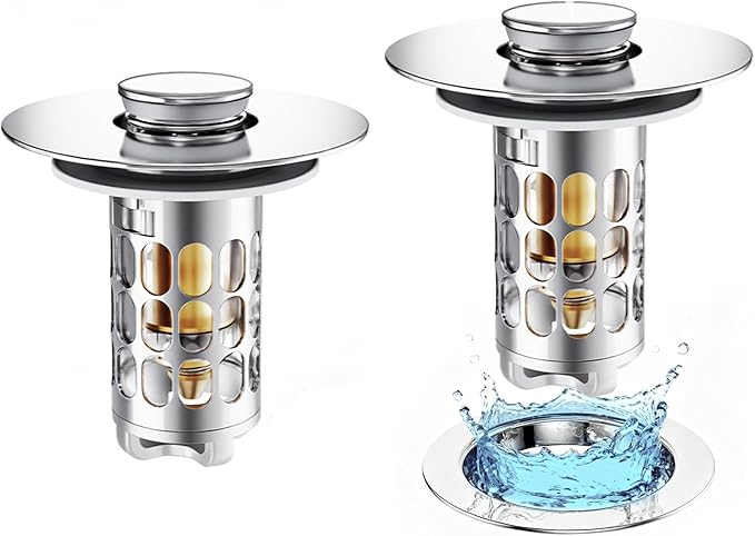 3 in 1 Bathroom Sink Stopper, Pop-up Bathroom Sink Drain Strainer with Removable Brass Basket Catcher, Easy to Clean Drain Catcher, Universal Sink Plug for 1.1 to 1.6in Drain Hole (2 Pack, Silver)