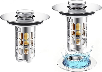 3 in 1 Bathroom Sink Stopper, Pop-up Bathroom Sink Drain Strainer with Removable Brass Basket Catcher, Easy to Clean Drain Catcher, Universal Sink Plug for 1.1 to 1.6in Drain Hole (2 Pack, Silver)
