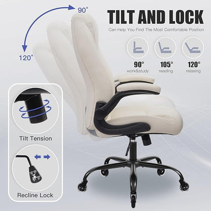 Big and Tall Office Chair for Heavy People, Executive Desk Computer Chair Adjustable Flip-up Armrests for Women, PU Leather Swivel Task Chair with Ergonomic High Back and Lumbar Support (White)