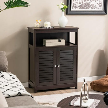 Tangkula Bathroom Floor Cabinet, Wooden Freestanding Storage Cabinet with Double Shutter Door & Adjustable Shelf, Storage Cabinet for Bathroom Living Room (Brown)