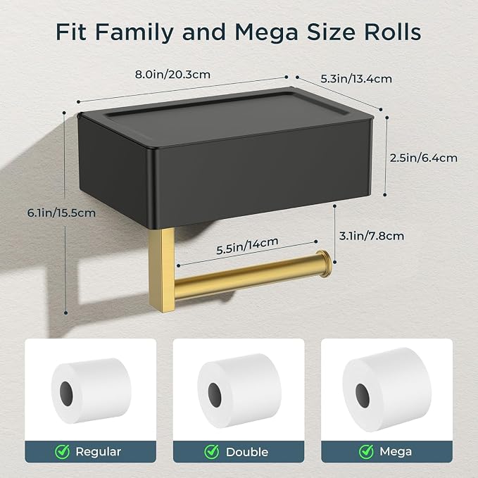FORIOUS Toilet Paper Holder with Shelf, SUS304 Stainless Steel Wall Mount Toilet Paper Roll Holder, Flushable Wipes Dispenser Fits for Bathroom Wipe Storage, Bathroom Organizer (Black & Gold)