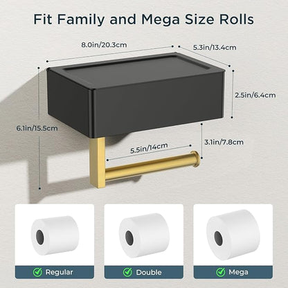 FORIOUS Toilet Paper Holder with Shelf, SUS304 Stainless Steel Wall Mount Toilet Paper Roll Holder, Flushable Wipes Dispenser Fits for Bathroom Wipe Storage, Bathroom Organizer (Black & Gold)