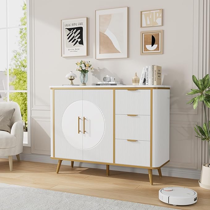 47.3" Modern Buffet Cabinet with Storage, Kitchen Sideboard Buffet with 2 Door & 3 Drawers, Fluted Caffee Bar Storage Cabinet for Dining Room, Living Room, Entryway, White