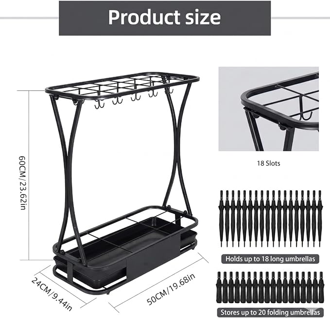 18 Slot Umbrella Stand with 10 Hooks – Heavy Duty Metal Indoor Umbrella Rack Holder with Removable Drip Tray – Large Commercial Entryway Organizer for Office, Lobby or Home