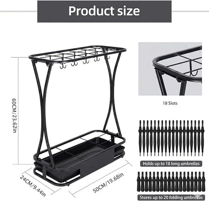 18 Slot Umbrella Stand with 10 Hooks – Heavy Duty Metal Indoor Umbrella Rack Holder with Removable Drip Tray – Large Commercial Entryway Organizer for Office, Lobby or Home