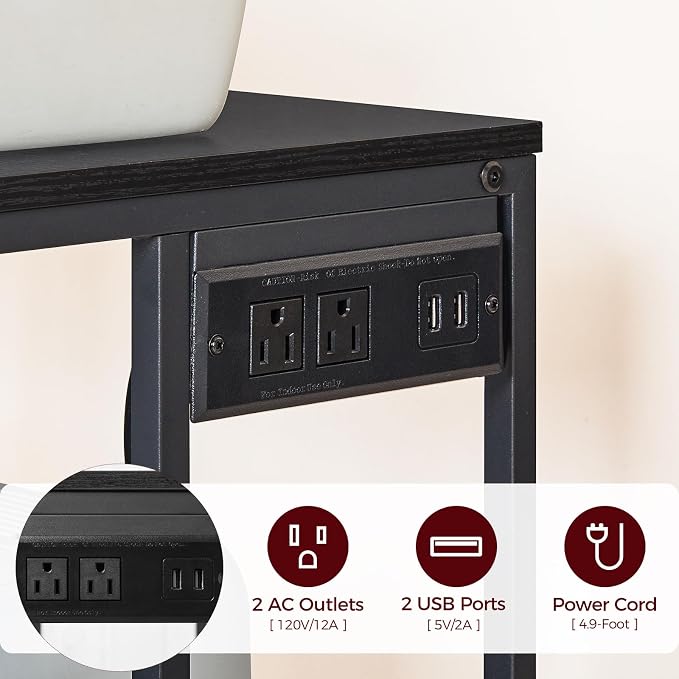 MAHANCRIS Mobile Printer Stand, 3-Tier Industrial Printer Cart with Power Outlets and 2 USB Ports, Rolling Printer Table on Wheels for Home Offices Kitchen Organization Rack, Black PTHB78E01