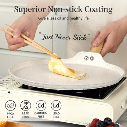 Innerwell Nonstick Crepe Pan, Granite Coating Flat Skillet Dosa Tawa Tortilla Pan, 10 inch White Pancake Griddle Roti Pan With Stay-Cool Handle, Induction Compatible, PFOA Free