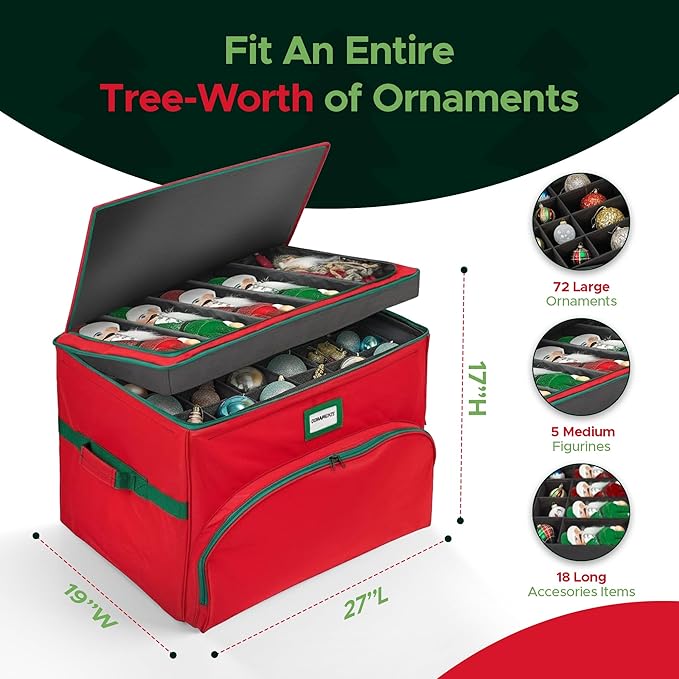 Christmas Nutcracker and Figurine Collectible Storage Box - Holds Up to 72 Ornaments 4” x 4” - Top Adjustable Compartments for Figurines, Nutcrackers, etc - Heavy Duty 600D/ Inside PVC Material