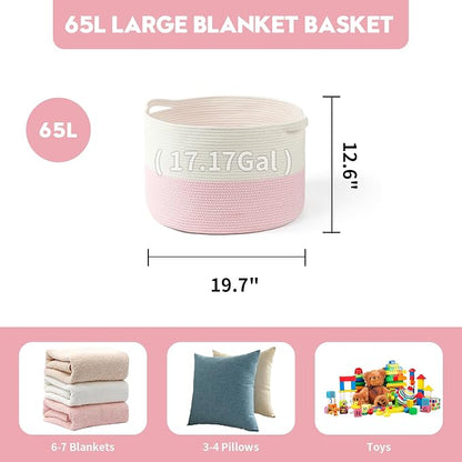 Foldable Laundry Hamper Basket with Collapsible Handle Cotton Rope Soft Woven Fabric Storage Organizer Clothes Toys Nursery Bedroom Dorm Space Saving Bin (White & Pink, 65L(19.7"D x 12.6"H))