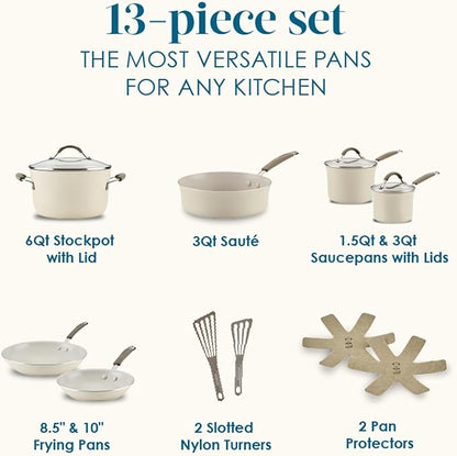 Rachael Ray Cucina Ceramic Cookware Set - 13 Pieces - Ceramic Pots and Pans Set w/Nonstick Frying Pans, Saute Pan, Saucepans, Stockpot, Lids, Pan Protectors - Almond
