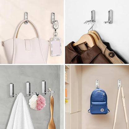 Dntorx Foldable Wall Hook, 40 lbs Heavy Duty Screw Mounted, Aluminum Alloy Flip-Down Silver Coat Hook, Space-Saving Folding Wall Hanger for Bathroom Bedroom Entryway Closet, Includes Screws (4 Pack)