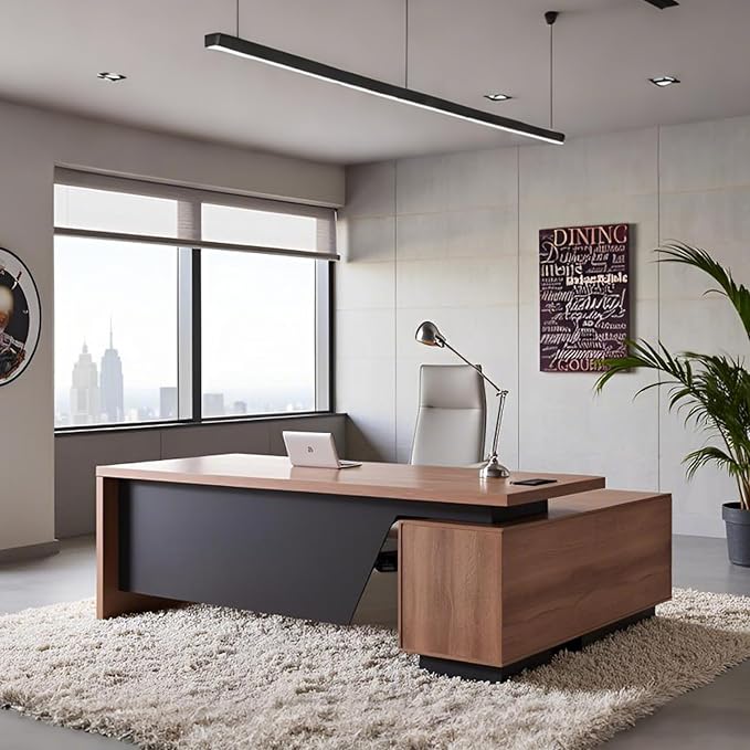 Retractable L-Shaped Executive Desk, Modern Office Desk with Drawers and Lateral File Cabinet, Large Computer Desk with Storage Shelves, Workstation for Home Office (Left Return, 70.86 - 78.7 IN)