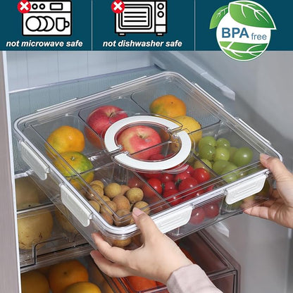 Taiuloo Divided Serving Tray with Airtight Lid and Handle, 6 Compartment Snackle Box Container, Portable Snack Platters, Clear Fridge Organizer & Food Storage for Veggie, Fruit, Charcuterie, Nuts