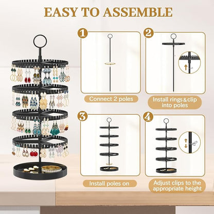 MODOWEY 4 Tier Rotating Earring Holder Organizer Display Tree with Metal Tray, Adjustable Plastic Stand with 228 Slots for Stud Hoop Hanger, Large Capacity Storage Rack for Women Space Saving, Black