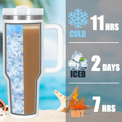 4 Pack 40 Oz Tumbler with Handle Bulk, Double Wall Vacuum Insulated Stainless Steel Tumbler with Lid and Straw, 40 oz cup with Silicone Spill Proof Stopper Set (White)
