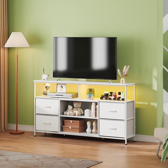 WLIVE TV Stand Dresser for 50,55,60 inch TV, Entertainment Center with LED Lights & Fabric Drawers, Dresser TV Stand for Bedroom and Living Room with Open Shelves, White