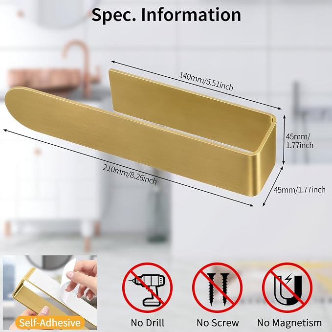 Bethom 2 Pack Gold Hand Towel Holder, 8 Inch Square Adhesive for Kitchen | Self Adhesive Towel Bars Stick on Wall, Hand Towel Racks for Bathroom, RV, BBQ Grill, Aluminum