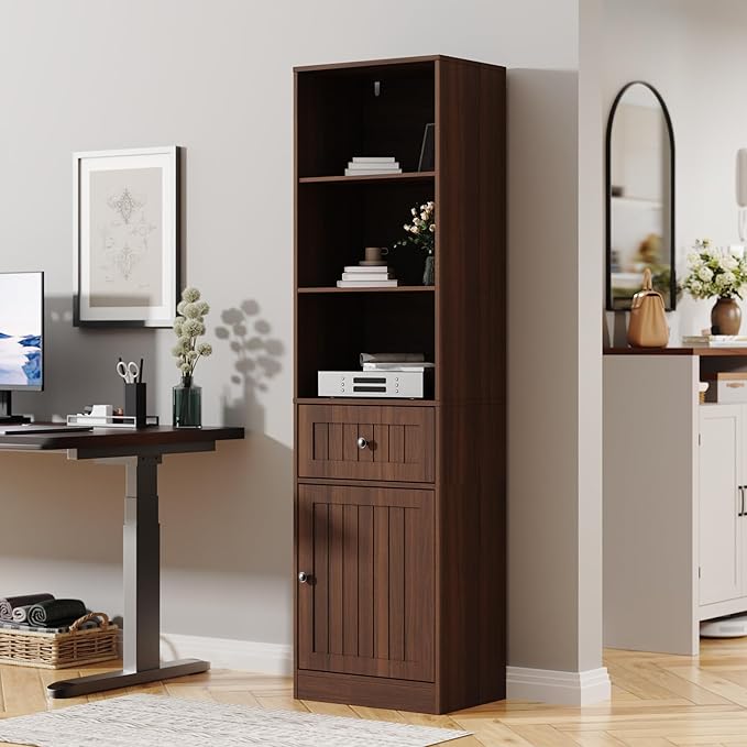 Farmhouse 71" Tall Bookshelf with Drawer, Narrow Bookcase with Adjustable Left/Right Door, Adjustable Shelf, Freestanding Display Book Shelf for Bedroom,Living Room, Office, Walnut