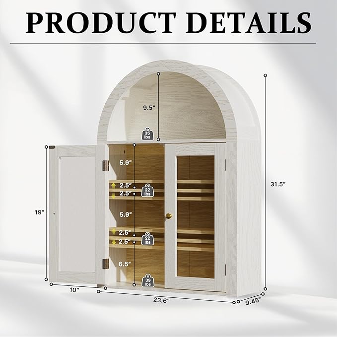 BREEZEHEAT Bathroom Medicine Cabinet Wall Mounted-Over The Toilet Storage Cabinet-Arched Wall Cabinet with Glass Doors & Adjustable Shelves, Wood Cabinet for Laundry Room, Kitchen, Living Room, Beige