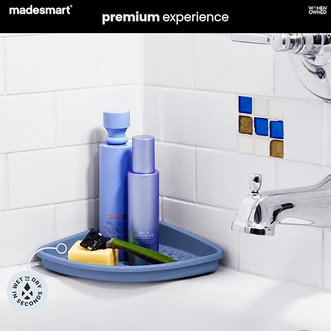 madesmart Bathtub Corner Shelf, Suction Cup Bath Organizer for Shampoo, Soap, Razors & Shower Accessories, Non Slip Bathroom Storage Tray with Drainage Holes, Blue