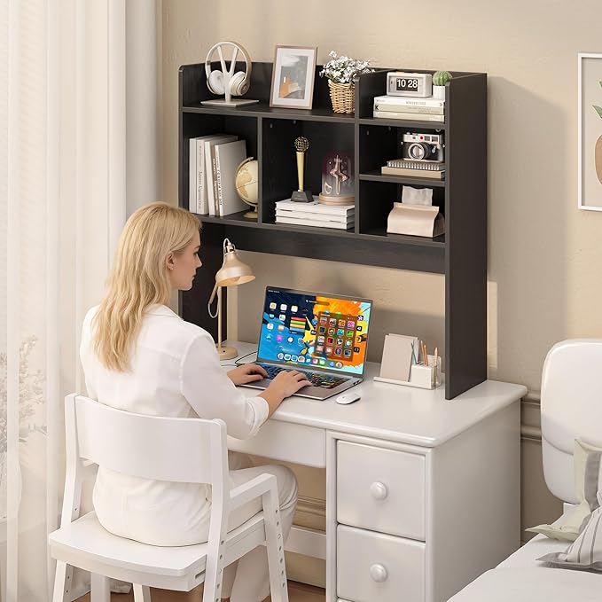 Desk Hutch with 6 Shelves, Desktop Bookshelf Organizer & Hutch Top for Desk, Over Desk Storage Shelf for Office, Home, Dorm | Space-Saving Design (Black)