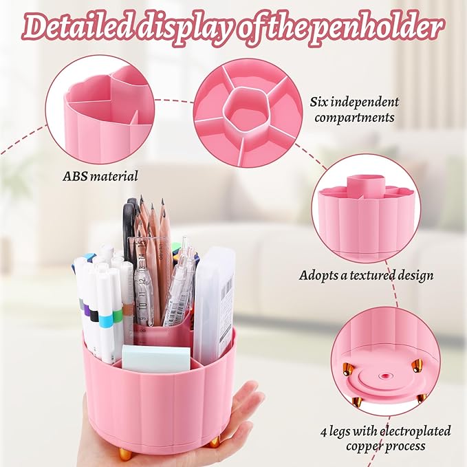 360 Rotating Desk Organizer for Women, 6 Compartment Pen Holder, Cute Pencil Cup & Marker Organizer, Office Desk Accessories, Aesthetic Desk Decor, Workspace Organizers (Pink)