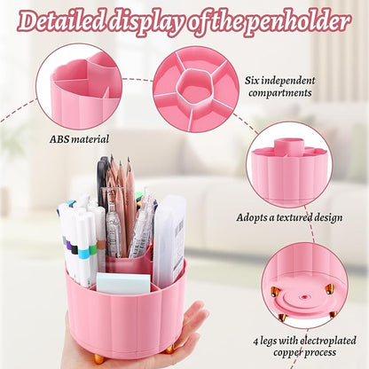 360 Rotating Desk Organizer for Women, 6 Compartment Pen Holder, Cute Pencil Cup & Marker Organizer, Office Desk Accessories, Aesthetic Desk Decor, Workspace Organizers (Pink)