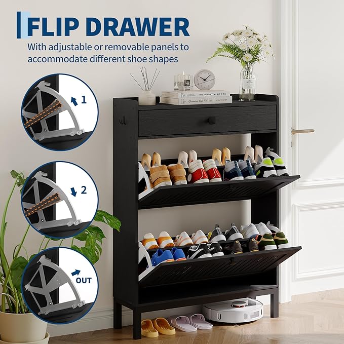 Garvee 2 Flip Drawer Shoe Cabinet with Adjustable Shelves, Hidden Shoe Organizer with Top Drawer, Freestanding Wooden Shoe Rack for Entryway, Hallway, Living Room, Black