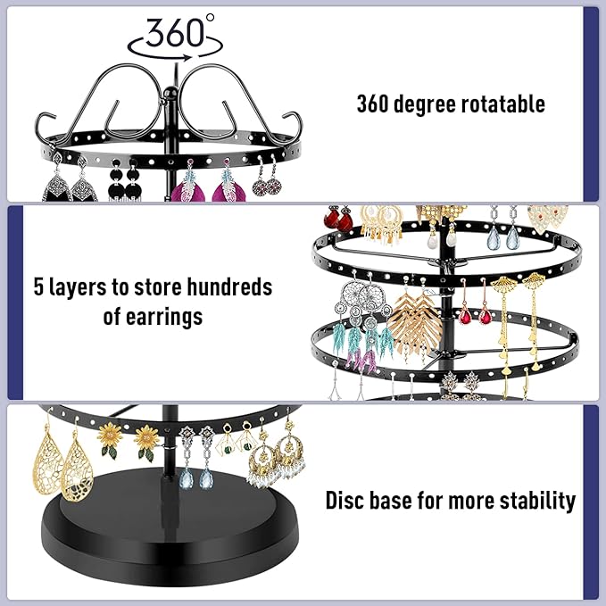 5 Tier 360 Rotating Earring Holder Organizer Stand, Jewelry Tree Rack, 220 Holes Display Storage for Stud Hoop Earrings, Vintage Metal Design, Space Saving Table Decor