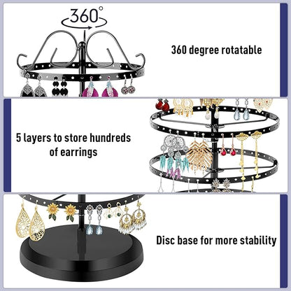 5 Tier 360 Rotating Earring Holder Organizer Stand, Jewelry Tree Rack, 220 Holes Display Storage for Stud Hoop Earrings, Vintage Metal Design, Space Saving Table Decor