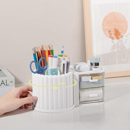 Anyoifax 360° Rotating Pen Holder 7 Slots Desk Organizer with Drawer Removable Pencil Cup Plastic Art Supplies and Accessories Desktop Storage Box Caddy for Office, School, Home (White)