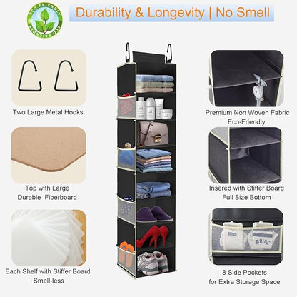 Large-Sized Hanging Shoe Organizer 8-Shelf, Hanging Closet Organizer with 8 Side Pockets, Wider Hanging Shelves for Storage Shoes Clothes 9" W × 11.8" D× 48" H, Black.