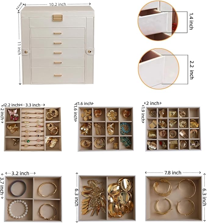 BOOVO Jewelry Box For women, 6 Layer Large Jewelry Organizer With Mirror, Multi-Function Storage Box With Lock, Necklace Holder With 5 Drawers, For Earrings Necklace Bracelet (Pearl White and Gold)