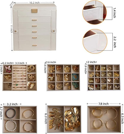 BOOVO Jewelry Box For women, 6 Layer Large Jewelry Organizer With Mirror, Multi-Function Storage Box With Lock, Necklace Holder With 5 Drawers, For Earrings Necklace Bracelet (Pearl White and Gold)