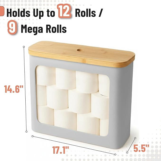 BAMBOO LAND- Toilet Paper Storage with Bamboo Lid for 12 Rolls, Light Gray, Waterproof Bamboo Toilet Paper Holder Basket