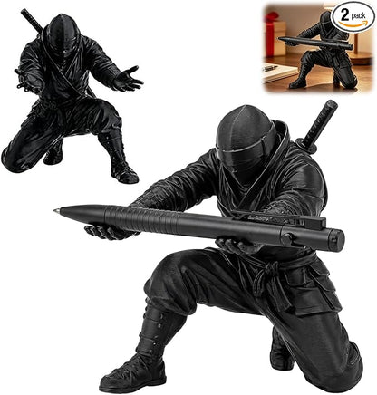 2Pack Ninja Pen Holder for Desk – 3D Printed Ninja Warrior Pen Holder with Sword and Weapon Accessories, Creative Desk Organizer Decor Gift for Men – Funny Pencil Holder Stand (Black)