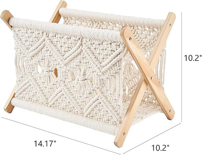 Mkono Macrame Magazine Rack Boho Storage Holder Standing Basket for Books, Newspapers, Swaddle Blanket, Dorm Essentials, Living Room, Bathroom, Office, Nursery, Home Decor, Medium Size, 14”L x 10”W