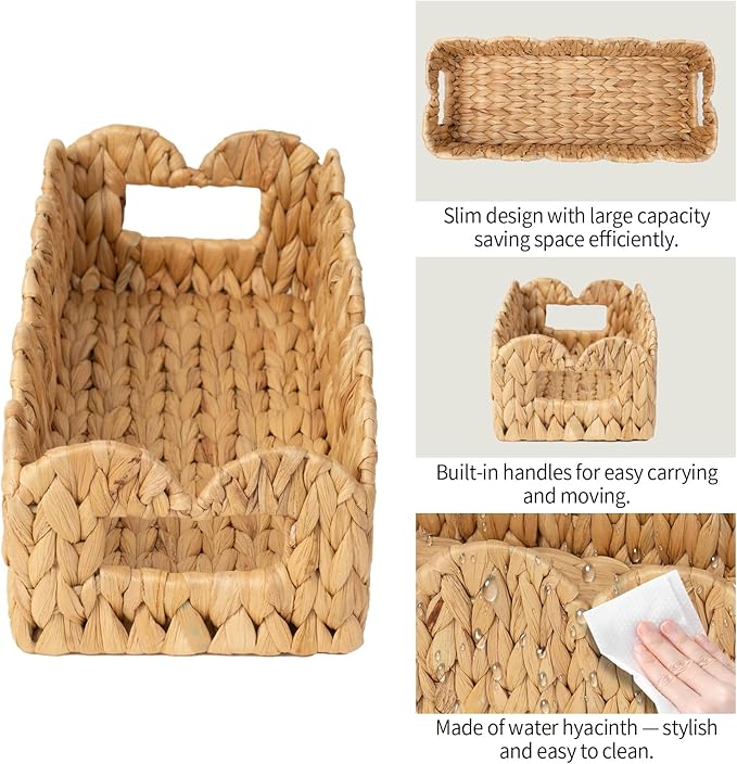 Coeusy 2 Pack Toilet Baskets,Scalloped Edge Wicker Basket for Toilet Paper Storage,Small Baskets for Bathroom,Living Room,Countertop,Shelves,Both Organizer & Decor,Natural Water Hyacinth