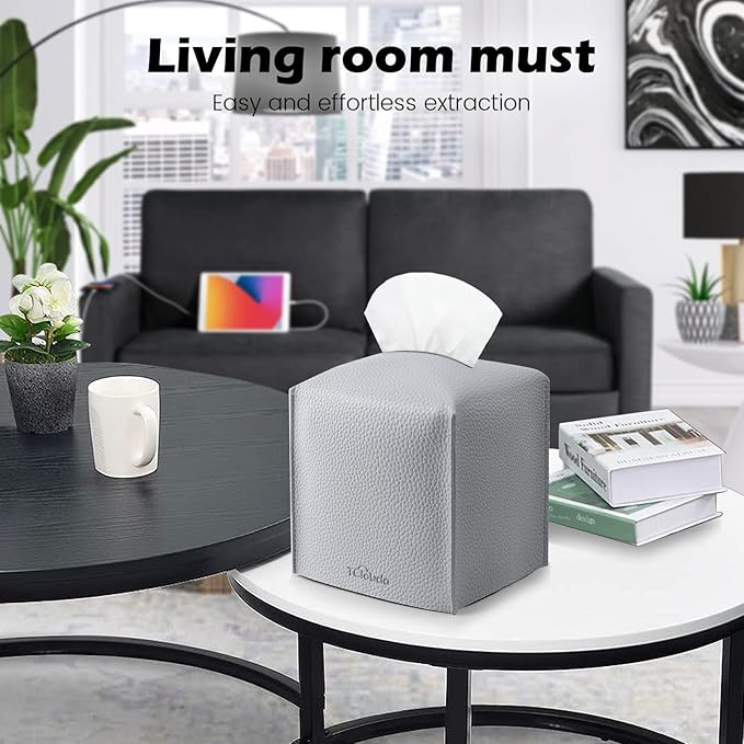Tissue Box Cover, Tclouda, Modern PU Leather Square Tissue Box Holder for Creative Decorative, Ideal for Bathrooms/Office/Car/Nightstand/Outdoor Tent/Dining Table, 5"X5"X5", Single Gray