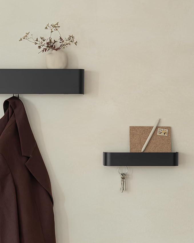 Kazai.® Coat Rack Wall Mount with Shelf 'Tone' | Modern Design Coat Hanger with Hidden Hooks and Storage | Hat Rack with Shelf in Metal | Wall-Mounted Purse Organizer | Black