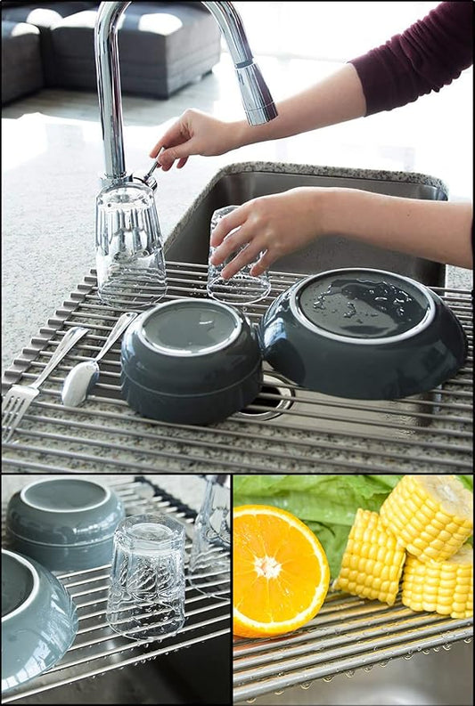 Tomorotec 17.7" x 15.5" Roll Up Dish Drying Rack Over Sink Drying Rack Sink Cover Kitchen Sink Accessories Gadget Multipurpose Organizer Foldable Stainless Steel Drainer (Grey)